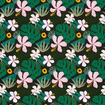 Preview: French Terry angeraut Blüten und Blätter in Grüntönen auf Dunkelgrün